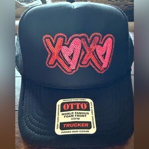 OTTO Black Trucker Hat with Red and Pink Heart Design